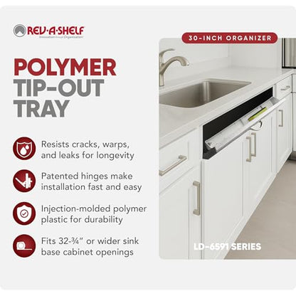 Rev-A-Shelf 30" Plastic Tip-Out Tray Organizer for Sink Base Cabinets, Home Kitchen and Bathroom Organization, Min Opening Width of 32.75", White, LD-6591-30-11-1 - size: 30.4" x 3.8" x 2.1"