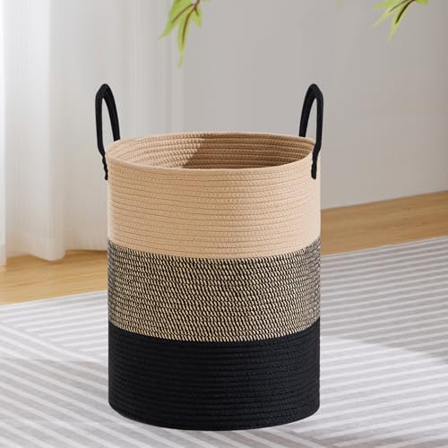 VIPOSCO 53L Tall Woven Laundry Basket Hamper, Brown Black | Cotton rope laundry hamper, collapsible wicker basket, storage for blanket, toys, dirty clothes, for bedroom, bathroom - color: Brown & Black, size: 53L