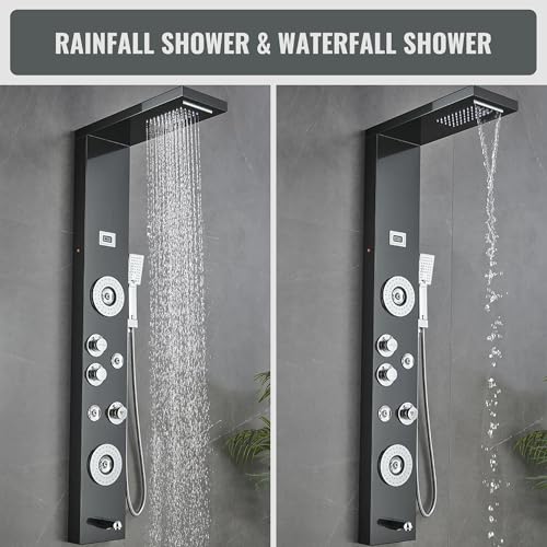 55 in. 6-Jet Stainless Steel Matte Black Shower Panel System w/Fixed LED Rainfall & Waterfall Showerhead, Temp Display, Tub Spout & Handheld Luxury Wall Mount Bathroom Tower