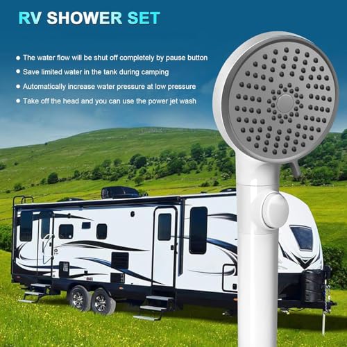 RV Shower Head with Hose, High Pressure 5 Mode Shower head Replacement, Showerheads for RV/Campers, Travel Trailer, Motorhome for Water Saving, Shower Head Holder and Hose, On Off Switch, White - color: Premium White