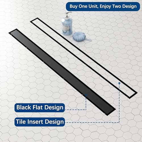 Neodrain 32" Shiny Black Linear Shower Drain,2-in-1 Flat& Tile Insert Cover | 304 Stainless Steel,Fast Drainage, Durable,Rectangle Shower Floor Drain with Adjustable Feet,Hair Strainer,Fits Bathrooms - color: Shiny Black, size: 32 In
