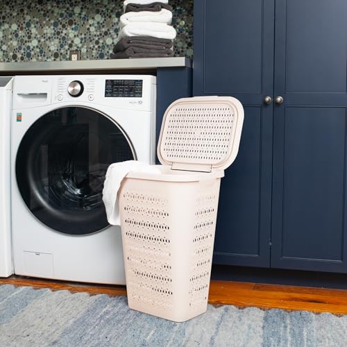 Mind Reader Slim Tapered Laundry Hampers with Lid, Clothes Basket with Swiss Cross Cut-Outs, Lightweight & Ventilated, Plastic, Set of 2, Ivory - color: Ivory