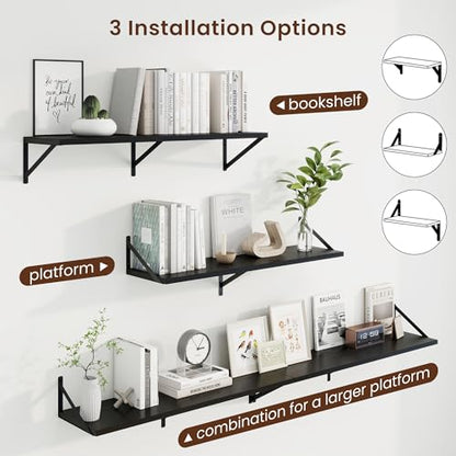 Deep Floating Shelves, 36'' x 10'' Black Wall Shelves Set of 2 | 10 Inch Deep Shelves with Heavy Duty Brackets, Rustic Wood Shelves for Bathroom Living Room, Engineered Wood, 45LBS - color: Black, size: 36W x 10D