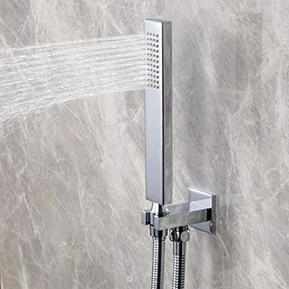 Brass Chrome Hand Held Shower Head With Wall Connector and Hose Set | Modern Square Single Function Handheld Shower Sprayer Wand And Fixed Solid Metal Holder 1.5 Meter Length Shower Hose - color: Chrome handheld set