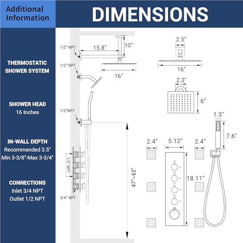 Dasan Thermostatic Dual Shower System with 6 Body Jets, 6-Inch Shower & 16” Rainfall Shower, Luxury Oil Rubbed Bronze Shower Faucet Set Rain Shower System for Couples/2-Person - color: Oil Rubbed Bronze