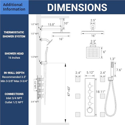 Dasan Thermostatic Dual Shower System with 6 Body Jets, 6-Inch Shower & 16” Rainfall Shower, Luxury Oil Rubbed Bronze Shower Faucet Set Rain Shower System for Couples/2-Person - color: Oil Rubbed Bronze