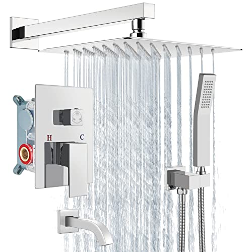 Aolemi Shower Faucet Set with Tub Filler Handheld 10" Head Polish Chrome | Shower Valve and Trim Kit,Handheld Spray,Tub Spout,Single Handle,SUS304,Bathroom Mixer for Remodeling - color: Chrome, size: 10 Inch Shower Head