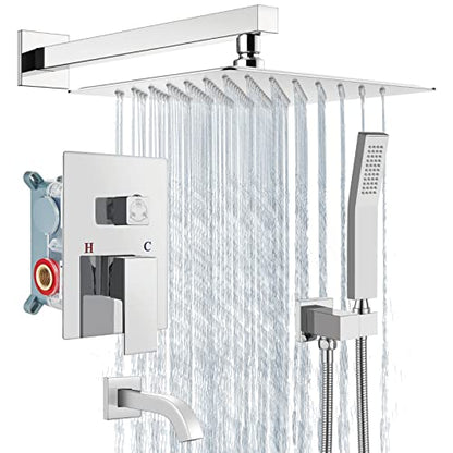 Aolemi Shower Faucet Set with Tub Filler Handheld 10" Head Polish Chrome | Shower Valve and Trim Kit,Handheld Spray,Tub Spout,Single Handle,SUS304,Bathroom Mixer for Remodeling - color: Chrome, size: 10 Inch Shower Head
