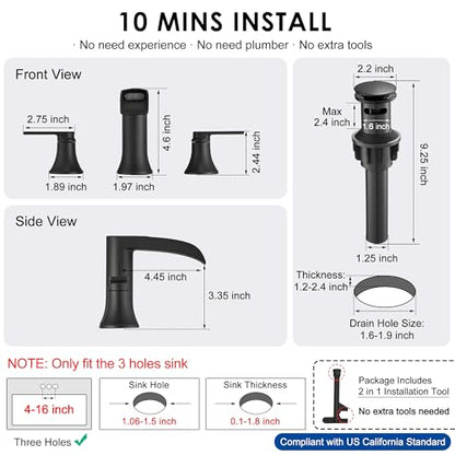 Matte Black Widespread Bathroom Sink Faucet 3 Hole, 8 Inch Waterfall Faucet for Bathroom Sink with Pop-Up Drain and cUPC Supply Lines, 2 Handles for Vanity Lavatory Restroom, Brass Material - color: Matte Black - Elegant