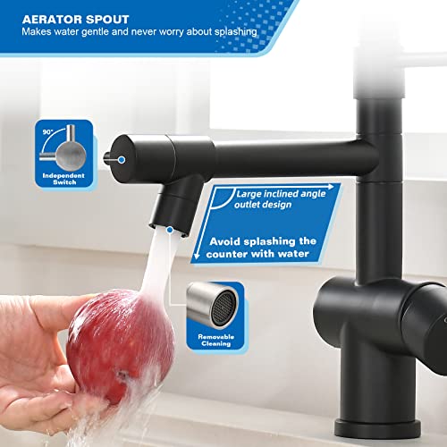 VFAUOSIT Commercial Kitchen Faucet with Pull Down Sprayer, Matte Black | Dual Outlets, Hands-Free Buckle Lock, Tilted Pot Filler, 360° Independent Rotation, cUPC/CEC Certified, 500,000-Cycle Valve - color: Matte Black-01