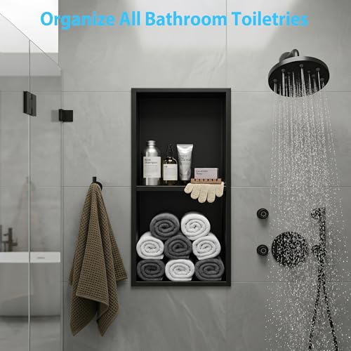 304 Stainless Steel Shower Niche 12” x 24” for Bathroom Storage | Matte Black Recessed Shower Niche No Tile Needed with 2-Tier Shelves for Bathroom Space Saving - size: 12 x 24 inch