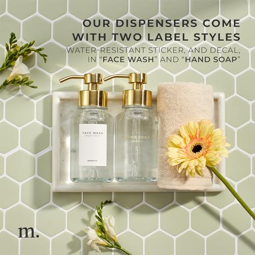 MaisoNovo Glass Foaming Hand Soap Dispenser 14 Oz | Gold Foaming Soap Dispenser Clear Bottle Gold Pump x 1 w/Labels