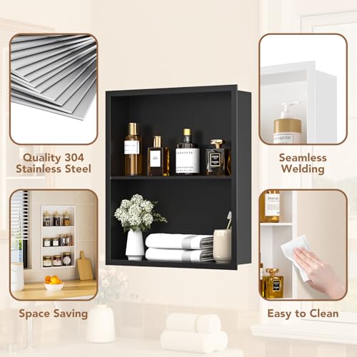 14x18 Recessed Medicine Cabinet, Bathroom Wall Cabinet, 304 Stainless Steel Recessed Wall Niche with 2-Tiers Shelves, Matte Black - color: Matte Black, size: 14'' x 18''