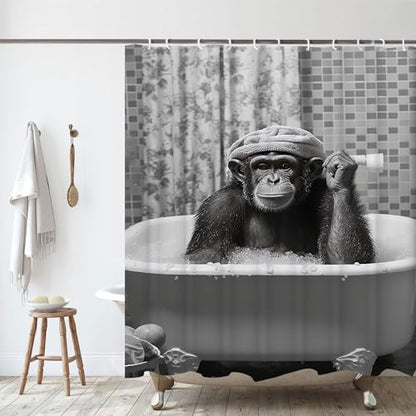 Funny Monkey Shower Curtain, Black and White Fun Chimpanzee Animal Bathroom Curtains, 72x72 Humorous Shower Curtain Set, Gray Wildlife Boys Men Modern Cool Bathroom Curtain - color: Black Gray, size: 72"W x 72"L (Pack of 1)