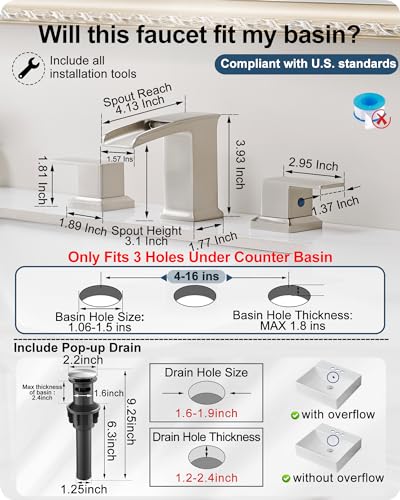 Waterfall Bathroom Faucet 3 Hole, Brushed Nickel 8 Inch 2 Handles | Lead-Free Brass, Widespread Style, Pop Up Drain, Pre-installed cUPC Water Hose, For Vanity Lavatory Modern, 10-Min Install - color: Brushed Nickel