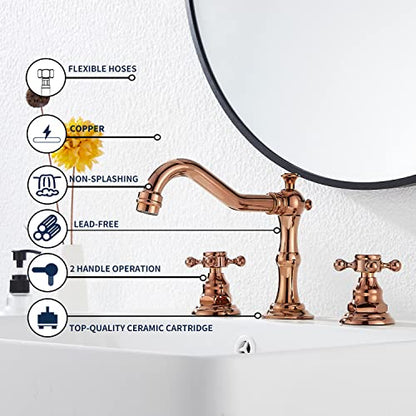 8-16 inch Two Handles 3 Holes Widespread Bathroom Sink Faucet Copper Basin Mixer Tap Faucet Matching Metal Pop Up Drain with Overflow - color: Copper, style: Metal Cover