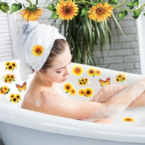 Yaomiao 24 Pcs Sunflower Non Slip Bathtub Stickers with Scraper | Shiny, Sparkle, Glitter, Peva, 4.53inch, Easy Apply, No Residue, for Bathroom, Shower Stairs Floor,Safety, Cute, Grip - style: Sunflower