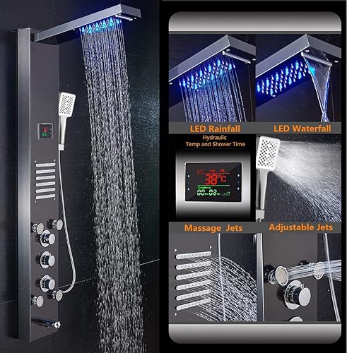 ELLO&ALLO LED Shower Panel Tower System, Hydroelectricity Display Rain Massage with Jets, Brushed Black - color: Black