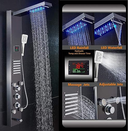 ELLO&ALLO LED Shower Panel Tower System, Hydroelectricity Display Rain Massage with Jets, Brushed Black - color: Black