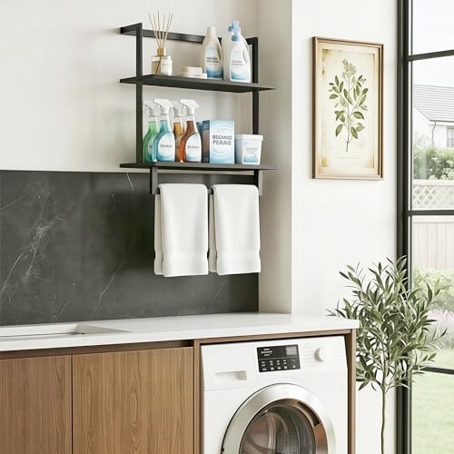 Wall Mounted Towel Rack for Bathroom Black | Bath Storage Holder, 3-Tier 15.7" Wide, Steel Wood Towel Shelf with Bar - color: Black