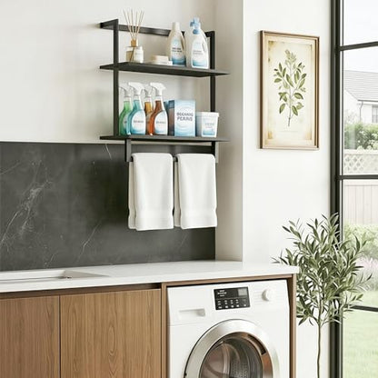 Wall Mounted Towel Rack for Bathroom Black | Bath Storage Holder, 3-Tier 15.7" Wide, Steel Wood Towel Shelf with Bar - color: Black