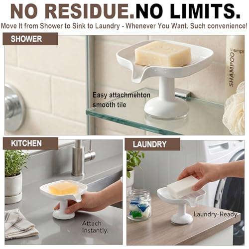 1PCS Self Draining Soap Dish with Suction Cup, Soap Holder for Shower, Bathroom, Sponge Holder for Kitchen Sink, Removable No Damage Stand Bar Soap Tray with Drain Spout Keeps Clean & Dry, White