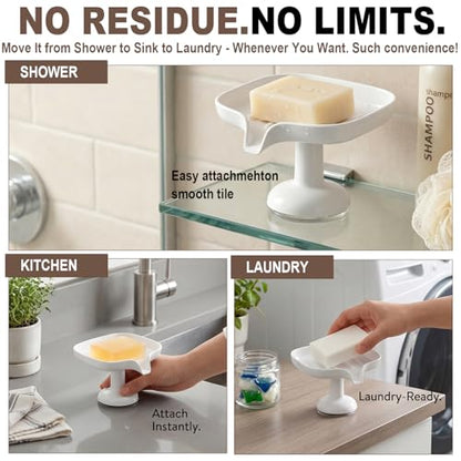 1PCS Self Draining Soap Dish with Suction Cup, Soap Holder for Shower, Bathroom, Sponge Holder for Kitchen Sink, Removable No Damage Stand Bar Soap Tray with Drain Spout Keeps Clean & Dry, White