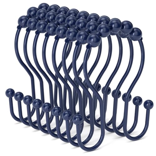 Bathway Shower Curtain Hooks, Shower Curtain Rings Rust Proof Navy Blue Double Hook Shower Curtain Hooks, 12 Pcs Shower Hooks for Shower Curtain, Shower Rings for Curtain, Metal Shower Rod Hooks - color: Navy Blue