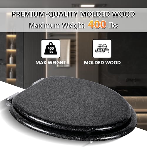 Angol Shiold Glitter Toilet Seat Molded Wood Elongated Toilet Seat with Quietly Close and Quick Release Hinges, Easy to Install also Easy to Clean (Elongated 18.5'', Black) - color: Black, size: Elongated 18.5‘’
