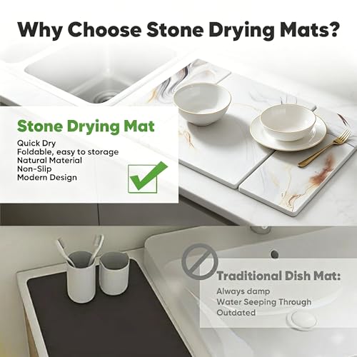 Stone Drying Mat for Kitchen Counter, Quick Diatomaceous Earth Mats for Dishes, 24"L x 16" W Super Absorbent Fast-Drying Collapsible Countertop Stone Mat (Marble White-08, 24" x 16") - color: Marble White-08
