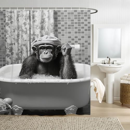 Funny Monkey Shower Curtain, Black and White Fun Chimpanzee Animal Bathroom Curtains, 72x72 Humorous Shower Curtain Set, Gray Wildlife Boys Men Modern Cool Bathroom Curtain - color: Black Gray, size: 72"W x 72"L (Pack of 1)