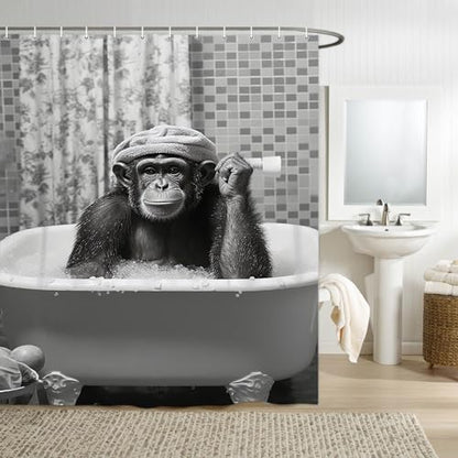 Funny Monkey Shower Curtain, Black and White Fun Chimpanzee Animal Bathroom Curtains, 72x72 Humorous Shower Curtain Set, Gray Wildlife Boys Men Modern Cool Bathroom Curtain - color: Black Gray, size: 72"W x 72"L (Pack of 1)