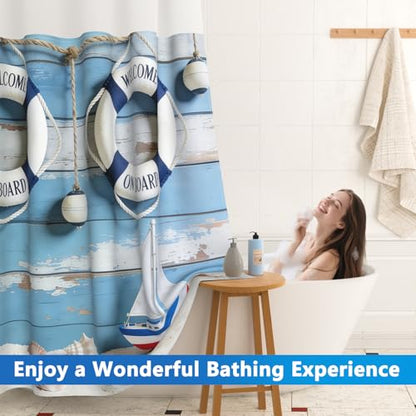 No Hook Shower Curtain with Snap in Liner, Nautical Themed Lifebuoy Shower Curtain with Mesh Top Window and Weighted Hem, 71x74 Inch Double-layer Waterproof Fabric Shower Curtain and Button Liner Set - color: Lifebuoy