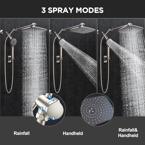 Veken Brushed Nickel 11.8" Shower Head with Handheld,Stain Resistant Finish | Handheld Shower Head with Multi Spray Modes,Rainfall Combo with 15" Metal Extension Arm,Detachable Dual Shower,Regaderas Para - color: Brushed Nickel, size: 11.8 Inch High Press