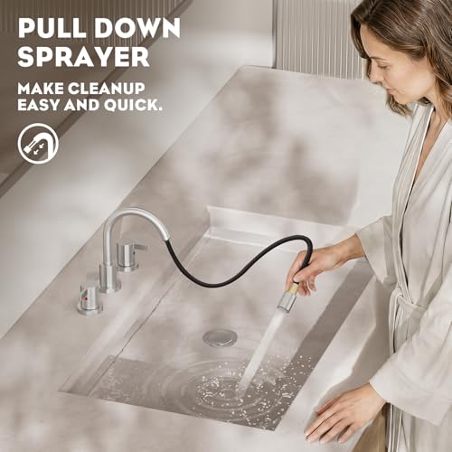 Pull Down Sprayer Brushed Nickel Widespread Bathroom Sink Faucet, 8 Inch 2 Handles 3 Hole Pull Out Bathroom Faucet,with Pop Up Drain and Water Supply Line,BF04022-K01-GBN - color: Brushed Nickel