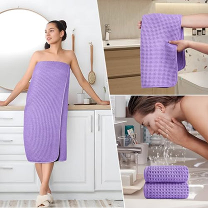 POLYTE 430 GSM Poly Blend Microfiber Quick Dry Waffle Bath Towel Set of 6 | 2-Body Towels, 2-Hand Towels, 2-Wash cloths, Oversize, Lint Free - color: Purple