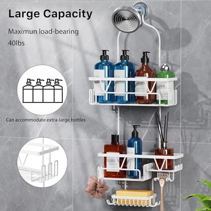 DAOYA Over the Shower Head Caddy, White Shower Caddy Hanging, 3 Tier Anti-Swing Bathroom Organizer with Soap Holder & Hooks - color: White, size: XL