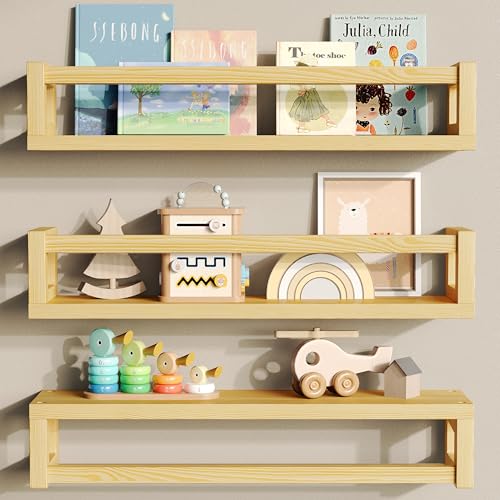 3Pack Solid Wood Floating Shelves for Wall, Nursery Bookshelf, Natural Wood | Durable Solid Wood Construction, Deep Shelf Space for Books, Toys, Plants, Photos and Kitchen Storage - color: Natural Wood, size: 15.75 Inch