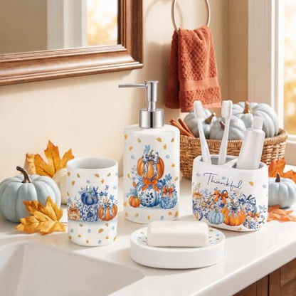 4 Pcs Fall Chinoiserie Ceramic Bathroom Accessories Blue and White Pumpkin Lotion Soap Dispenser, Toothbrush Holder, Tumbler, Soap Dish for Autumn Thanksgiving Bathroom Decorations Gifts - style: Fall Chinoiserie Pumpkin