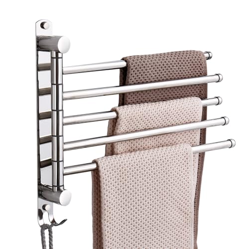 Swivel Towel Rack, 14" Thicken 304 Stainless Steel 5-Arm Adjustable Towel Bar,Wall Mounted Towel Holder with Hook, Space Saving for Kitchen, Bathroom, Outdoor (Silver, 5 Arms) - color: Silver, size: 5-arms
