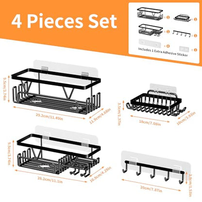 KEGII Adhesive Shower Caddy 4 Pack, No Drilling Shower Organizer with Towel Rack, Hooks & Soap Holder, Self-Adhesive Bathroom Shelves Rack for Space-Saving Storage | 4-Pack Design, Stainless Steel Shelves with Hooks and Soap Holder, Ideal for Bathroom, Ki