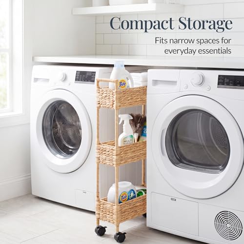 Best Choice Products 3-Tier Slim Water Hyacinth Rolling Nursery Caddy w/Wheels, Handwoven Utility Cart, Narrow Storage Organization for Bathroom, Craft Room, Laundry Room - Natural - color: Natural