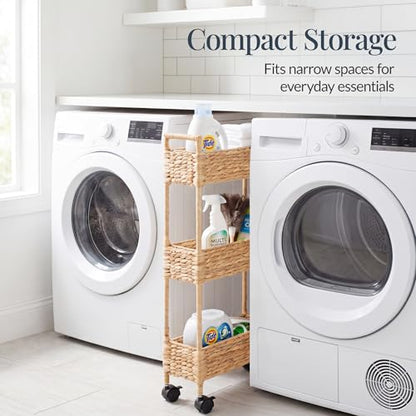 Best Choice Products 3-Tier Slim Water Hyacinth Rolling Nursery Caddy w/Wheels, Handwoven Utility Cart, Narrow Storage Organization for Bathroom, Craft Room, Laundry Room - Natural - color: Natural