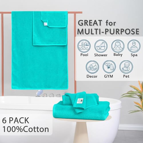 VOOVA & MOVAS 6PC Towel Set, 100% Cotton, Turquoise | 2 Large Bath 30x56 In, 2 Thick Hand 18x28 In, 2 Absorb Washcloths 13x13 In, Quick Dry, Thick, Luxury Gift Set - color: Turquoise, size: 6 PC Bathroom Towel Set