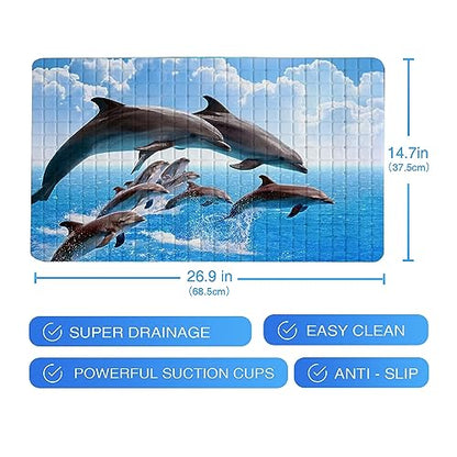 Dolphins Bathtub Mat Non Slip for Kids Cute Dolphins Bath mat 15"x27",Jumping Dolphins Bathroom Bathtub Mats,Drain Holes Suction Cups, Washable Shower Mat Anti Slip,Jumping Dolphins - color: Jumping Dolphins