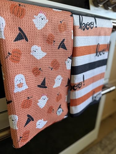 Kitchen Towels, Dish Towels for Kitchen, 2 Pc Kitchen Towel Set | Microfiber Waffle Towels, 16 x 26 inches, with Hanging Loops, Reusable Tea Towels, Cute Kitchen Towels - 2 Pack - color: Halloween Boo