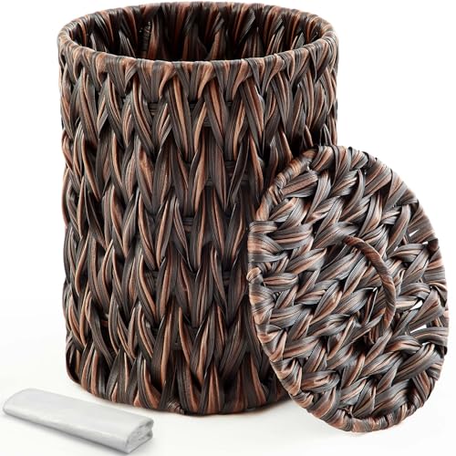Ctosree 1.3 Gal Boho Woven Trash Can with Lid, Dark Brown | Braided polypropylene waste basket with handle and 100 garbage bags for bathroom, bedroom, office, or laundry. - color: Dark Brown, style: Round