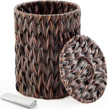 Ctosree 1.3 Gal Boho Woven Trash Can with Lid, Dark Brown | Braided polypropylene waste basket with handle and 100 garbage bags for bathroom, bedroom, office, or laundry. - color: Dark Brown, style: Round
