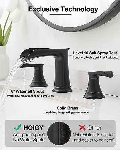 Black Waterfall Bathroom Faucet, Brass Widespread 3 Hole Vanity Faucet, 2 Handles Bathroom Sink Faucet Set, 8 Inch Bathroom Faucets for Sink Vanity Lavatory Farmhouse RV with Pop-Up Drain - color: Matte Black