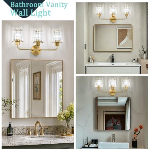 Brushed Gold Vanity Lights, 3-Light Crystal Bathroom Light Fixtures | Modern Bathroom Vanity Light E26 Wall Light over Mirror (Exclude Bulb) - color: Brushed Gold, size: 3-Light